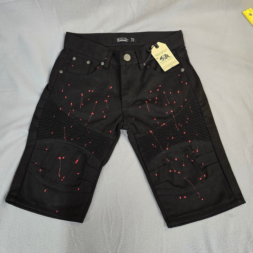Trestles Supply Co Boys Black Red Paint Splatter Moto Shorts Size 12 NWT
